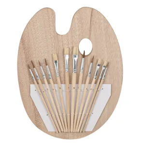 Set 13 Pensule Pictură cu Vârf Rotund și Plat și Paletă Ovală din Lemn
