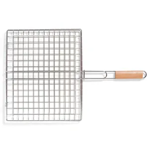 Grătar BBQ Pătrat 40x33cm, Crom și Mâner din Lemn