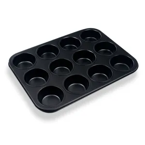 Tava de copt neaderenta pentru muffins si cupcakes, 12 forme, 35x26.5x2.8 cm, neagra