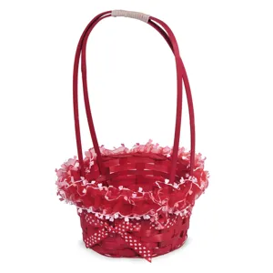 Cos Decorativ de Paste cu Maner de Bambus Rosu cu Panglica, Ø23x35cm