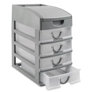 Suport cu sertare de plastic, 4 sertare transparente, 15x22x26 cm, gri