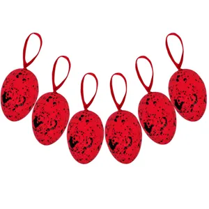 Ouă decorative de Paște, roșii cu detalii negre, 6 cm, set de 6 bucăți
