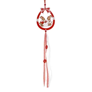 Decoratiune suspendabila din lemn de Paste, forma de ou cu iepurasi, 42cm, rosie