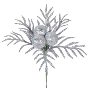 Crenguță Decorativă de Crăciun Argintie cu Glitter, Dimensiune 17cm