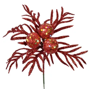 Ramură Decorativă Crăciun cu Flori Glitter Roșu 17cm