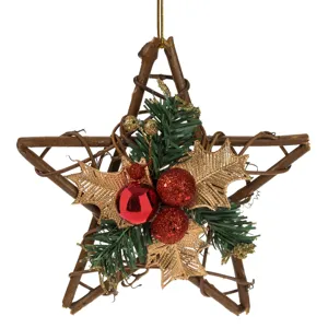 Decoratiune de Craciun Stea cu Ramuri de Pin si Globuri, 20 cm