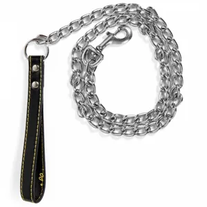 Lant din crom cu maner din piele artificiala pentru caini, 120x4 cm, Negru