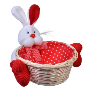 Cos Decorativ de Paste din Paie cu Iepure 3D, Rosu si Alb, Ø19x9cm
