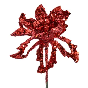 Ramură decorativă Crăciun cu flori glitter roșu 16cm