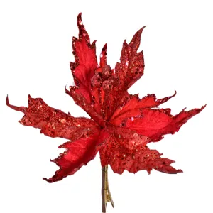 Flori Decorative de Crăciun Roșii cu Sclipici pentru Decorațiuni