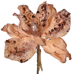 Floare decorativa de Craciun cu clips, Magnolie aurie cu glitter si paiete, 25 cm