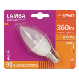 Bec LED E14 4W, C37, Alb Cald, 3000K, 360 Lumeni, 25.000 Ore, 1 Buc