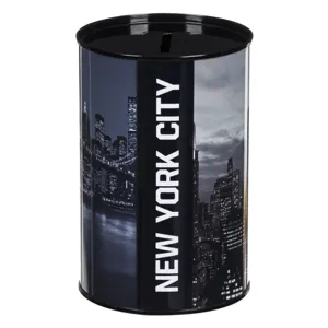 Pusculiță metalică neagră cu decor New York, Ø8x13cm