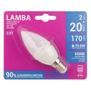 Bec LED E14 2W, C37, Alb Rece, 6500K