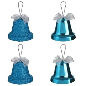 Set Ornamente de Crăciun Clopote Turcoaz Glitter Funda Argintie 6cm - 4buc