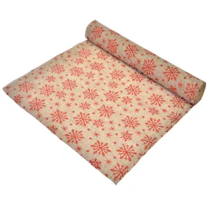 Tesătură Decorativă de Crăciun Fulgi Bej cu Roșu Poliester 5m x 48cm
