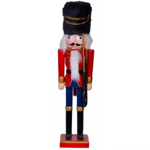Soldat din Lemn Decorativ de Craciun, Uniforma Rosie Albastra, Caciula Neagra de Blana, 38cm