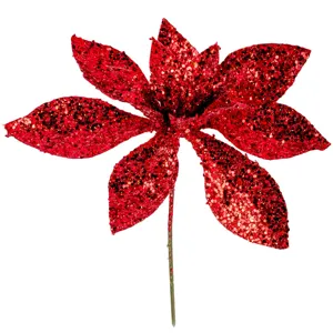 Floare Decorativa de Crăciun cu Glitter Roșu, 15.5 cm