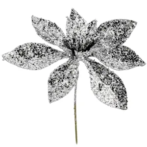 Floare decorativă de Crăciun argintie cu glitter 15.5cm pentru aranjamente festi