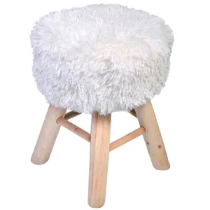 Taburet otoman decorativ din lemn cu blană artificială albă