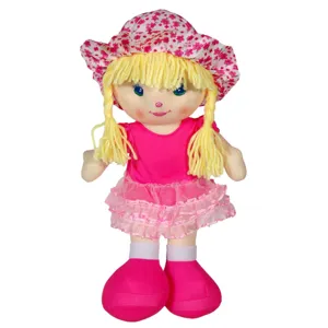 Papusa textila cu par blond si rochie fucsia, 32 cm