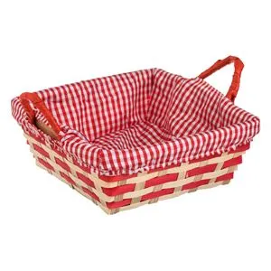 Cos Decorativ Patrat din Bambus cu Captuseala din Stofa in Carouri Bej si Rosii, 21x21x8cm