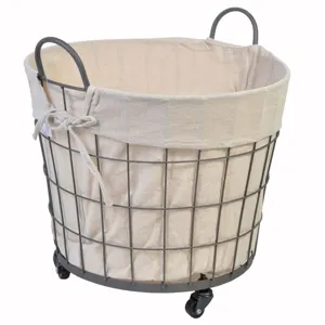 Cos de depozitare cu roti, metal si tesatura, Ø40x30cm, Ecru