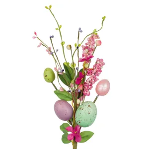 Ramura decorativa cu 3 oua colorate si flori, 33 cm