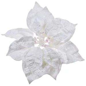 Floare decorativă de Crăciun albă catifelată cu glitter