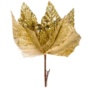 Frunză decorativă de Crăciun aurie cu glitter și clips