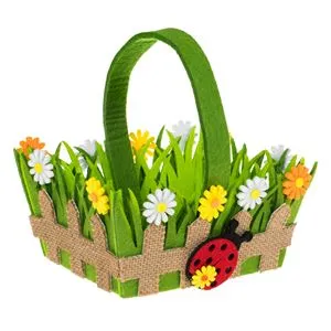 Cosulet decorativ de Paste din pasla cu maner, model gardulet verde, decorat cu flori si buburuza, 18x8 cm