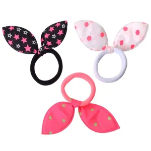 Elastice de par frotte cu fundite, Set 6 bucati, Fucsia/Negru/Alb, Modele Buline si Stele