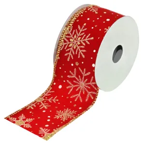 Panglică Decorativă de Crăciun Velvet Roșu cu Fulgi Aurii