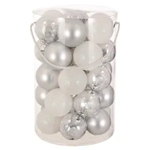 Set Globuri de Craciun Argintii Albe Mate cu Glitter pentru Decor