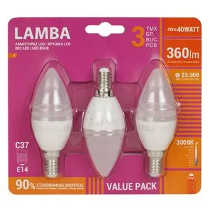 Set 3 becuri LED E14, 4W, C37, Alb Cald, 360 Lumeni
