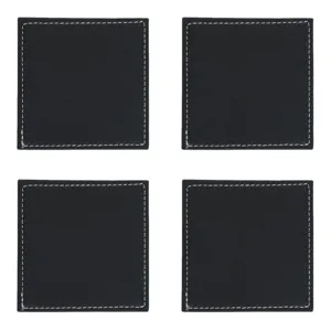 Suport pentru pahare din piele artificială, Set 4 buc, Negru cu tiv alb