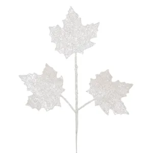 Ramură decorativă de Crăciun cu frunze albe și glitter, 51 cm