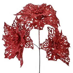 Ramură Decorativă Crăciun cu Flori Roșu și Glitter, 22 cm