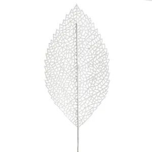 Crenguță Decorativă Frunză Albă cu Glitter Argintiu 71cm pentru Decorațiuni