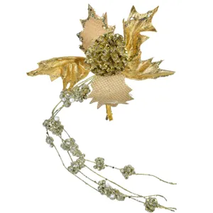 Ghirlanda și flori decorative de Crăciun aurie cu glitter