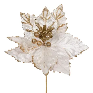 Floare Decorativa de Craciun Ecru cu Glitter Auriu