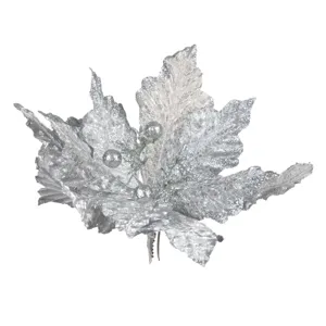 Floare de Crăciun Argintie cu Paiete și Glitter, decor pentru ghirlande