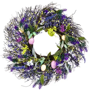 Coroniță decorativă de Paște cu ouă colorate și lavandă, 48 cm