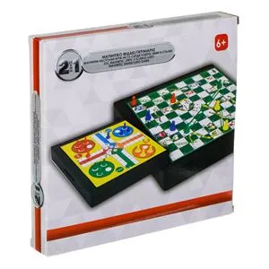 Joc de societate magnetic 2 in 1: Șerpii și Scările & Nu te supăra, frate! - Portabil, 20 pioni, 2 zaruri, 20x21 cm
