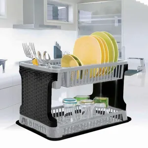 Suport cu Două Nivele din Plastic Negru Gri tip Ratan pentru Vase 40x26x27cm
