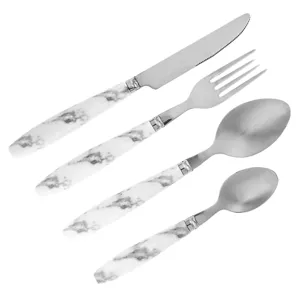 Set Tacamuri cu Maner de Marmura, 12 bucati, Otel Inoxidabil, Alb