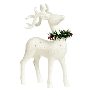 Figură Decorativă de Crăciun Cerb cu Glitter Alb Holografic și Coroniță Verde
