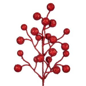 Ramură Decorativă de Crăciun cu Pomoșoare Roșii Glitter