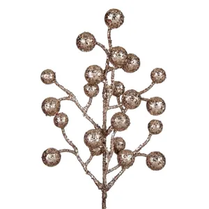 Ramură decorativă de Crăciun cu pomușoare bej șampanie glitter auriu