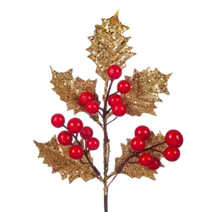 Ramură decorativă cu frunze aurii și fructe roșii, 28cm